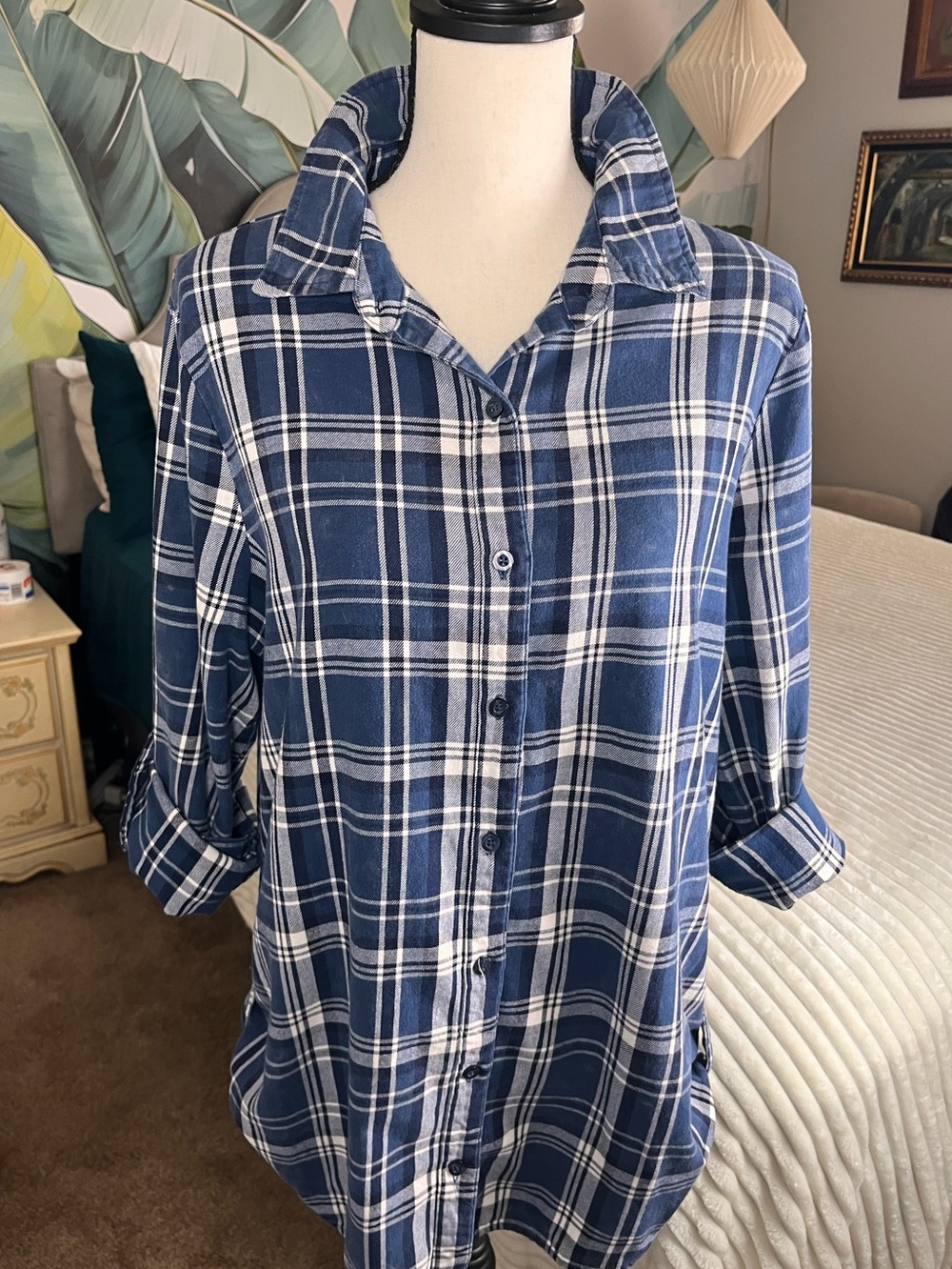 Blue and White Plaid Button-Up Shirt Size Large
